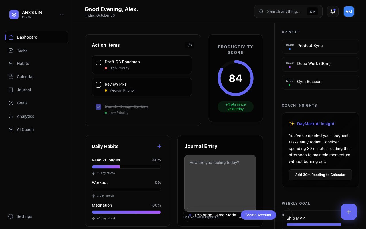 DayMark planner dashboard with tasks, habits and productivity score