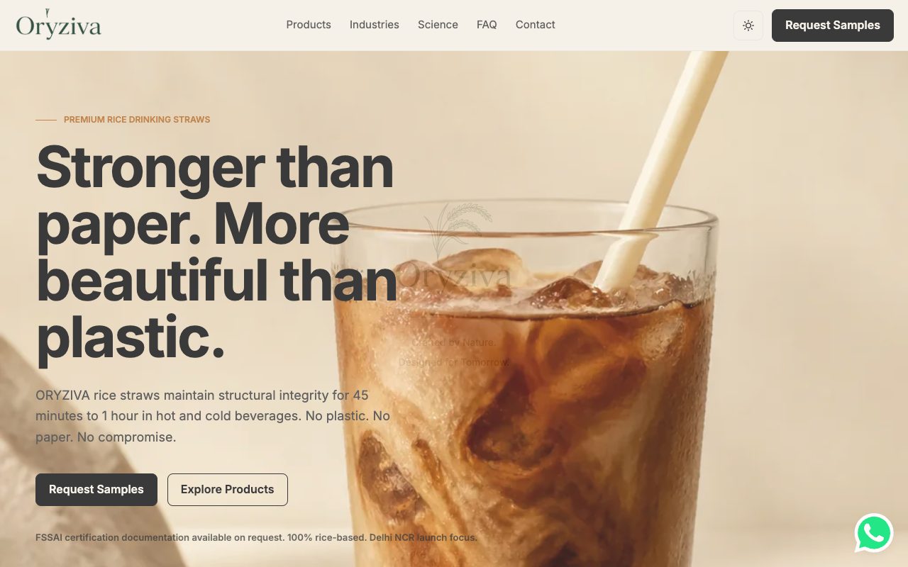 Oryziva rice straws website homepage